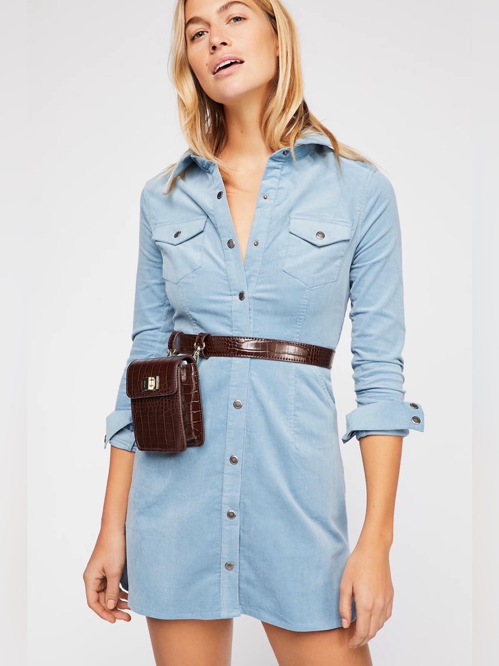 Free People Dynamite in Cord Mini Dress Light Blue Stretchy Corduroy Size Small